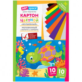 Картон цветной А4 10л/10цв, "Черепашка"., мелов, в папке, Спейс