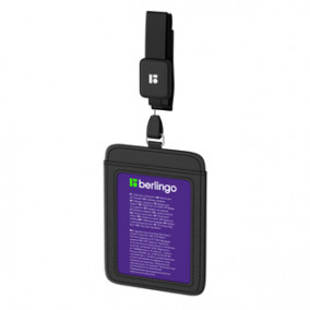 Бейдж вертикальный "ID 500", 55*85мм, экокожа, держатель-рулетка с лентой, черный, Berlingo 