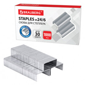 Скобы №24/6, 1000шт, до 30 листов, Brauberg