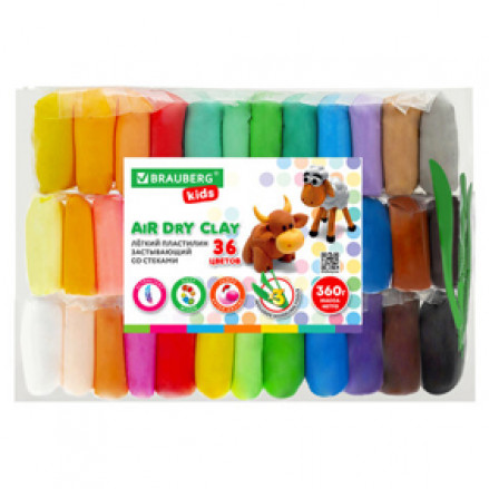 Пластилин легкий воздушный застывающий 36 цвета 240г, 3 стека, BRAUBERG KIDS