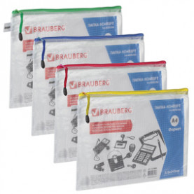 Папка-конверт на молнии Segment, А4, ПВХ, сетка, прозрачн., Brauberg