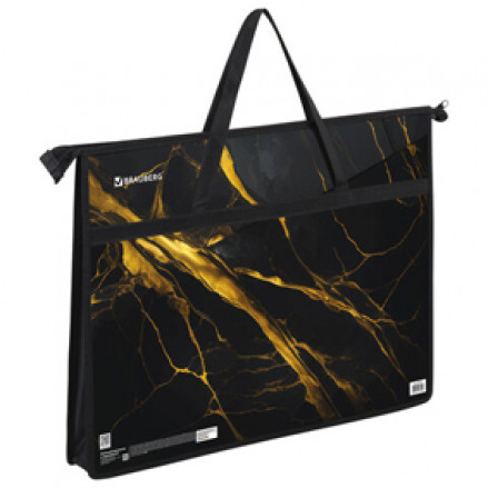 Папка для рисунков и чертежей с ручками А3,пластик,молния сверху, Black&gold marble, BRAUBERG