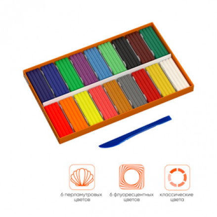 Пластилин Оранжевое солнце, 18 цв. (6 классич., 6 флуор., 6 перл.), 234г, со стеком Гамма Пластилин Оранжевое солнце, 18 цв. (6 классич., 6 флуор., 6 перл.), 234г, со стеком Гамма