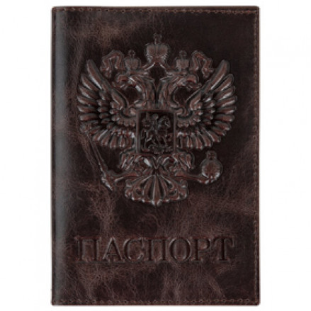 Обложка для паспорта "PASSPORT", кожа пулап, 3D герб + тиснение, т-корич, Brauberg
