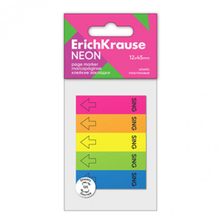 Закладки самокл. ErichKrause® Neon, 12х45 мм, 125 листов, 5 цв., пластик