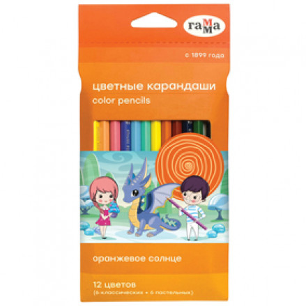 Карандаши 12 цв. "Оранжевое солнце", 12цв. (6 классич. + 6 пастельных), Гамма