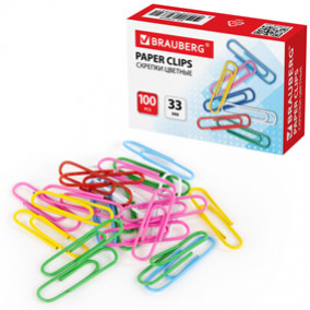 Скрепки 33мм 100шт. цветные, Brauberg