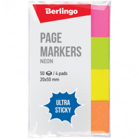 Закладки самокл. Berlingo "Ultra Sticky" 20*50мм, 50л*4 неоновых цвета, бумажные