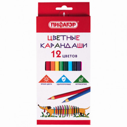 Карандаши 12 цв. "Веселая такса", шестигранные, Пифагор